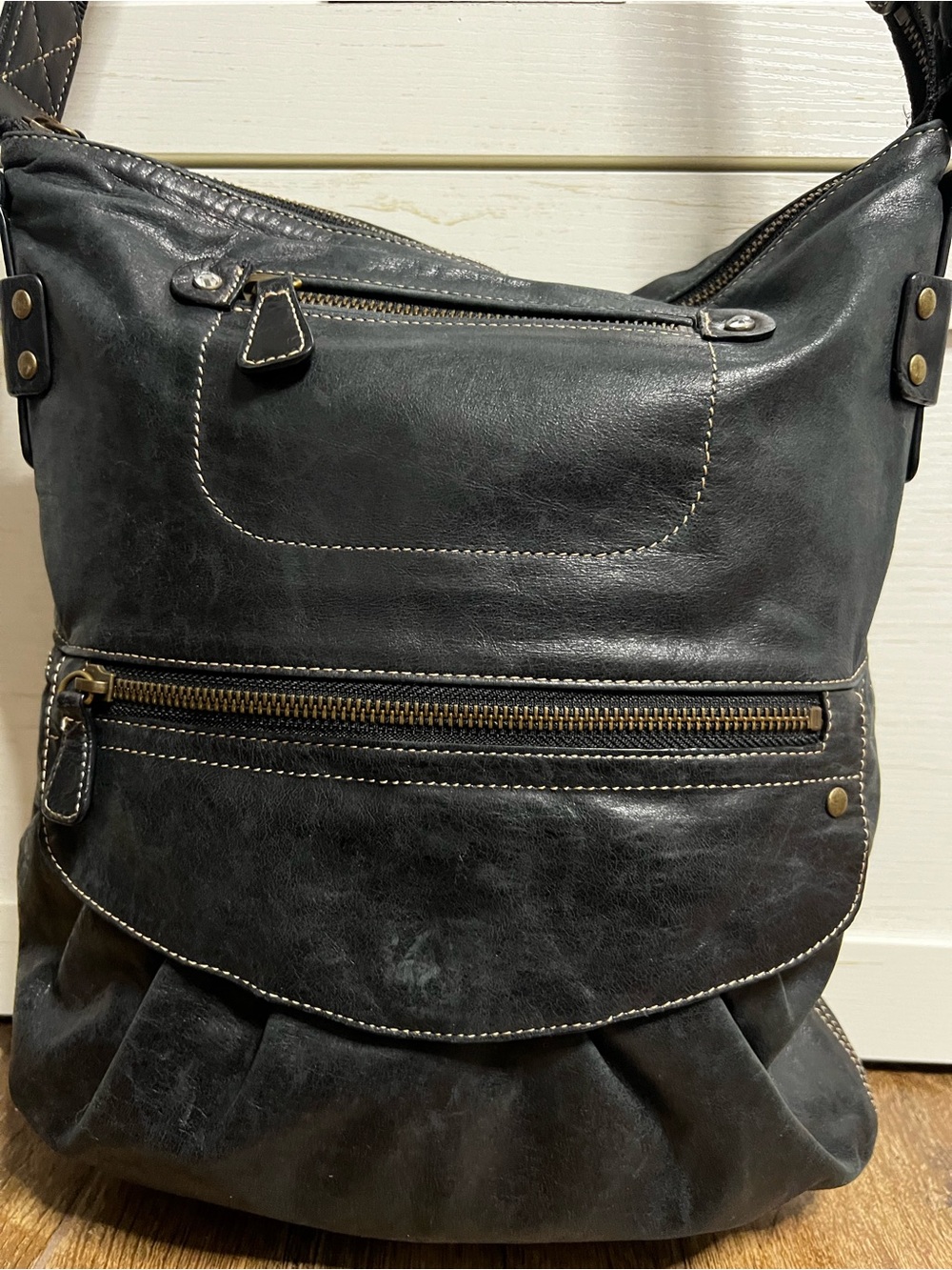 Kate Landry Black Genuine Leather Hobo Shoulder Bag Multi Zip Y2K Boho